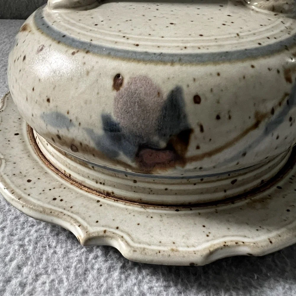 VTG Studio Art Pottery Cheese Dome Butter Dish Signed Rustic Farmhouse Plate Lid